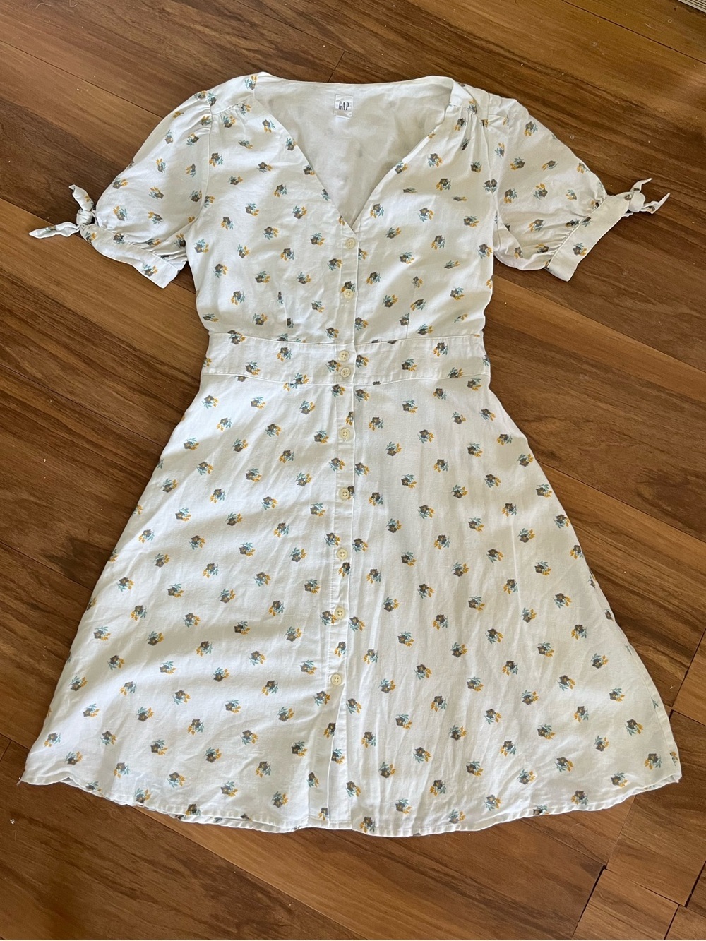 Gap Linen Blend Floral Button Front Mini Dress White Yellow Blue Size 0